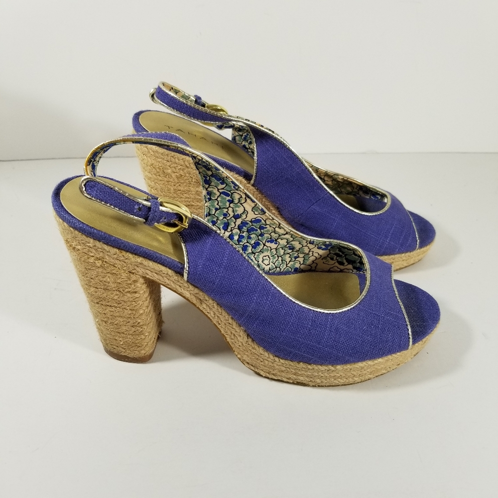 Tahari Sandals Women's 8.5M BARB Canvas Slingback Platform Espadrille Shoes Blue